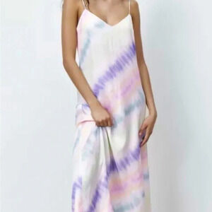 Zara Satin Effect Rainbow Pastel Tie Dye Midi Dress Size XL